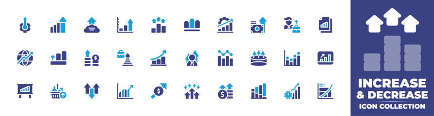 Increase and decrease icon collection. Duotone color. Vector and transparent illustration. Containing increase, data analytics, profit, analytic, benefits, businessman, career promotion, and more. - obrazy, fototapety, plakaty