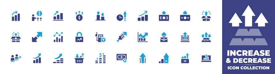 Increase and decrease icon collection. Duotone color. Vector and transparent illustration. Containing increase, increasing, business and finance, growth, money, gasoline, improve, food, and more.