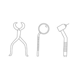 Dentist tool outline doodle icon. Dental care equipment signs set