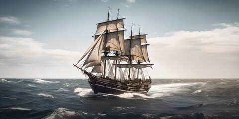 a large sailing ship in the middle of the ocean