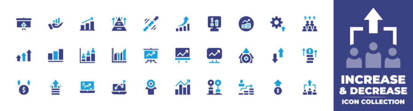 Increase and decrease icon collection. Duotone color. Vector and transparent illustration. Containing presentation, growth, graph, recovery, effective, population, statistics, chart, and more.