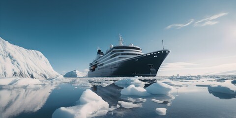 a cruise ship in a body of water surrounded by icebergs - obrazy, fototapety, plakaty