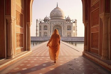 Woman in sari at Taj Mahal, India, Generative AI Technology - obrazy, fototapety, plakaty