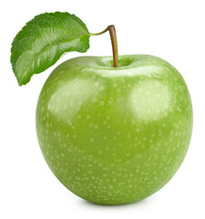 Organic green apple isolated on white background. Taste apple with leaf. With clipping path