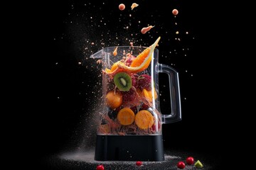 Fruit-filled blender on black background with generative AI. Juice and splash included