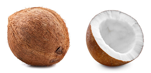 Coconut Clipping Path. Ripe whole coconut and half isolated on white background. Coconut macro...
