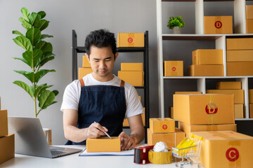 Online digital business is a new start-up small business nowadays for young Asian online shops stay at home delivering to customers. The concept of SME entrepreneurs sending parcels