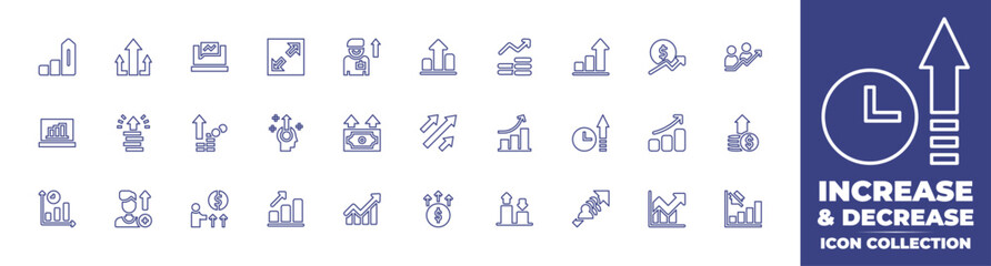 Increase and decrease line icon collection. Editable stroke. Vector illustration. Containing increase, speech bubble, resize, promotion, growth, graph, profit, mental, money, competition, and more.