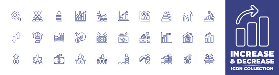 Increase and decrease line icon collection. Editable stroke. Vector illustration. Containing effective, population, improve, graphics, revenue, increase, pyramid, profit, goals, balance, and more.