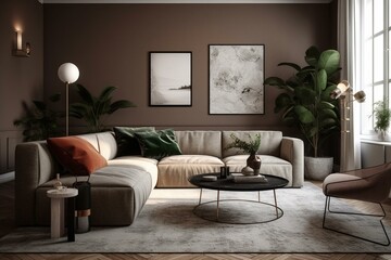 3D rendering of a home setup in the background of a living room interior mockup. Generative AI