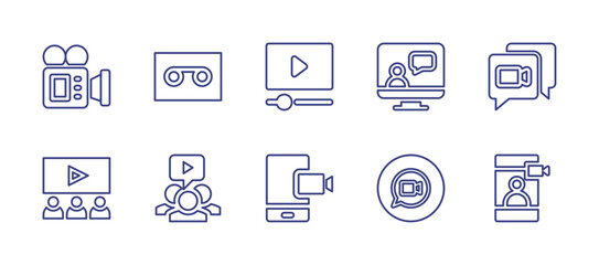 Video line icon set. Editable stroke. Vector illustration. Containing video camera, record, video player, video call, chat, team review.