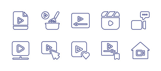 Video line icon set. Editable stroke. Vector illustration. Containing video file, cooking, video player, clapperboard, chat, watch, youtube, favorite, video, home.