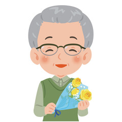 黄色いバラの花束を持ったシニア男性