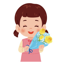 黄色いバラの花束を持った女の子