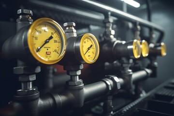 Obraz na płótnie Canvas Close-up of gas equipment in factory building. Compressor station with pressure gauges, yellow pipes on metal supports supplying natural gas. 3D rendering. Generative AI