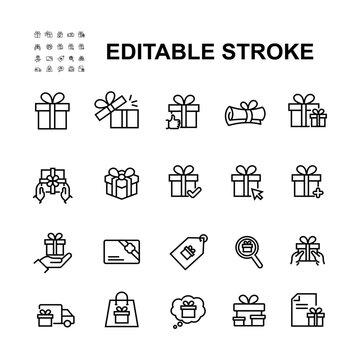 Simple Set of Gifts Related Vector Line Icons. Contains such Icons as Gift Card, Ribbon and more. Editable Stroke.