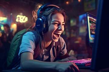 Obraz premium woman with headphones on sitting in front of a computer. Generative Ai