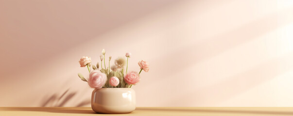 Generative Ai. a vase with flowers on a table against a pink wall