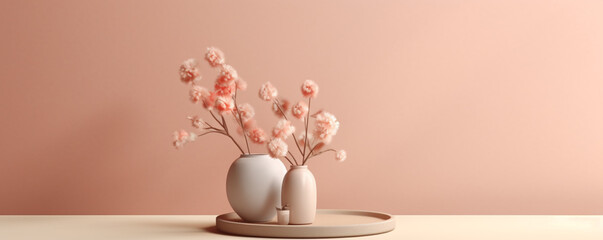 Fototapeta na wymiar Generative Ai. a pink wall with a vase and a flower