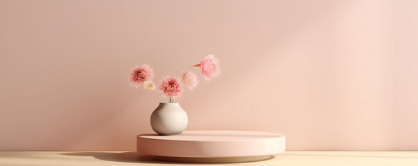 Generative Ai. a pink vase with flowers on a wooden stand