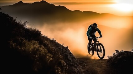 Fototapeta na wymiar Silhouette of a cyclist riding on a mountain bike on a misty morning, Generative AI