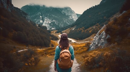 Woman with backpack walking on the road in the mountains. Travel and adventure concept, Generative AI