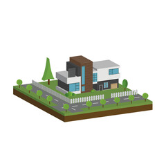 3D modern house and home. Isometric modern building and architecture with road, tree and fence .