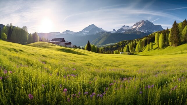 Beautiful summer landscape with alpine meadows and village, Generative AI