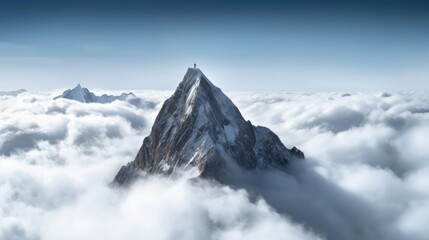 Panorama of a mountain peak in the clouds with a man on top, Generative AI