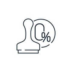 Stamp and number zero with a percentage. Interest-free loan. Tax free. No allowances.  Vector linear icon isolated on white background.