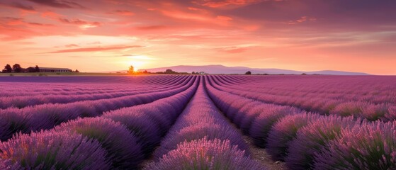 Lavender field at sunset, Generative AI