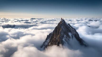 Panorama of a mountain peak in the clouds with a man on top, Generative AI