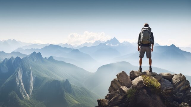 Hiker with backpack standing on top of a mountain and enjoying the view, Generative AI