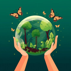 A hand holds a glass planet. Saving the Planet. High quality illustration Generative AI