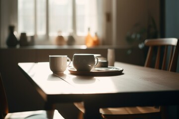 Naklejka na ściany i meble Morning table with empty space, blurred living room background. Generative AI