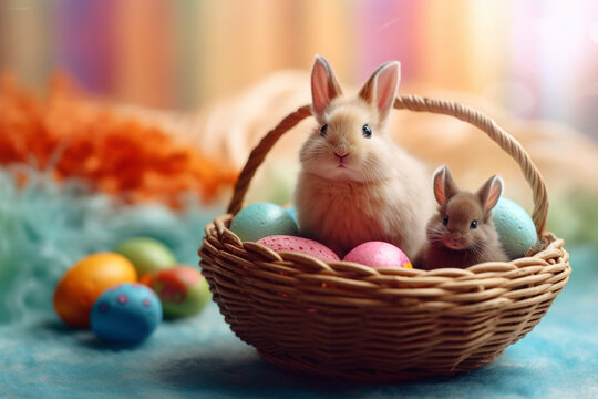 Colorful easter eggs in basket with cute bunny. Ai generative