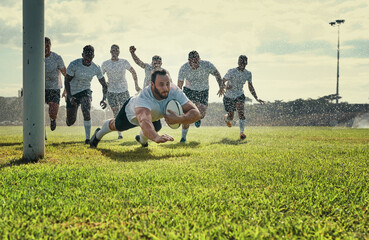 Sports, men rugby team on green field and playing with a ball. Teammates with fitness or activity outdoors, collaboration or teamwork and happy or excited people celebrate a player score a try - obrazy, fototapety, plakaty