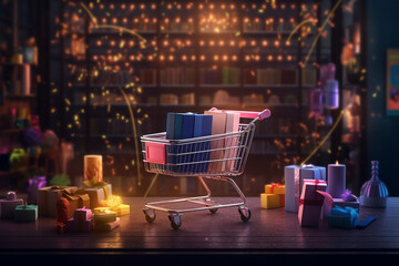 Ecommerce online shopping cart cart filled with grocery gift packages with digital online graphics. Shop online retail store. generative AI