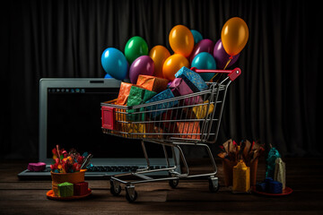 Ecommerce online shopping cart cart filled with grocery gift packages with digital online graphics. Shop online retail store. generative AI