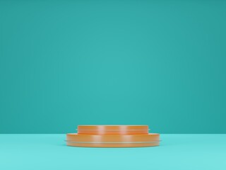 3d render, products display podium with orange cylinder on blue background, podium background, display background, product display presentation.