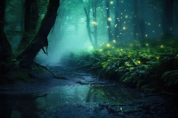 Foto op Aluminium Dark fantasy forest landscape of creek with fog at night, Generative AI © K Svensson