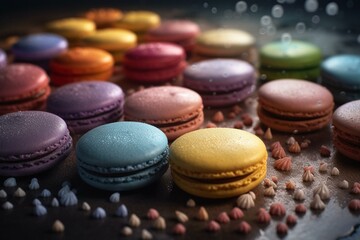 Obraz premium Frozen french macaron delicacies. Cookie drops with a rainbow of flavors. Generative AI