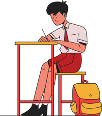 Student Studying at School with Backpack Sitting on School Desk Vector Illustration
