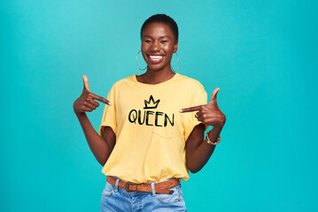 Queen, print and tshirt on a black woman for equality and human rights isolated in a blue...