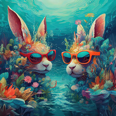 Bunnies Enjoying Underwater. Bunnies with sunglasses, AI Generative art.