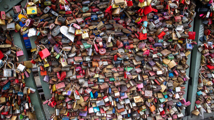 Lots of love locks on bridge in European town