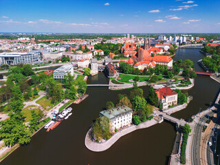 Aerial view of Wroclaw with Slodowa island and Oder river in Poland