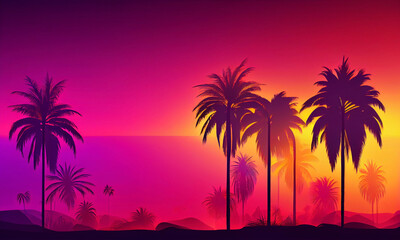Obraz na płótnie Canvas トロピカルなピンクグラデーション背景と椰子の木のシルエット
