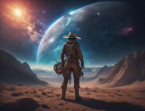 Cowboy mechanical cyborg space with horse made by ai generated