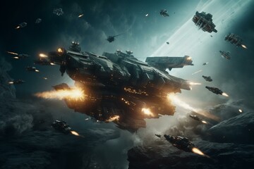 Fototapeta na wymiar Sci-fi battle above planet with ships and shuttles attacking. Generative AI